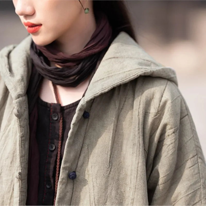 Johnature Women Vintage Cotton Ramie Hooded Parkas Button Long Sleeve Warm Coats 2025 Winter New Chinese Style Women Parkas