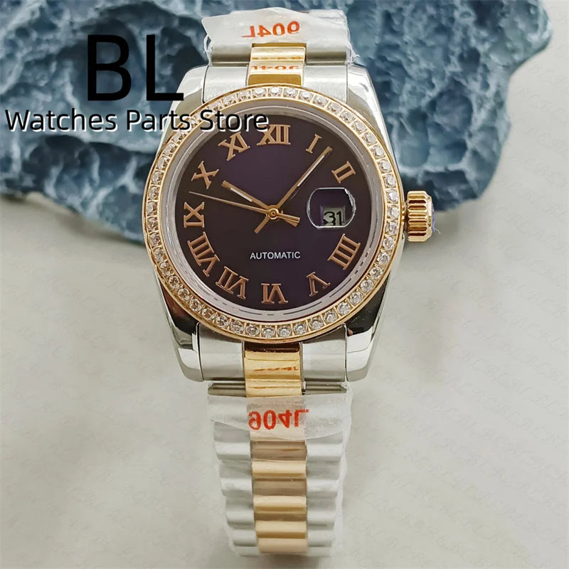 BLIGER 31mm NH05 Automatic Watch For Women Pink Gold Gray Purple Sunburst White Mother Pearl Dial Diamond Index Steel Bracelet