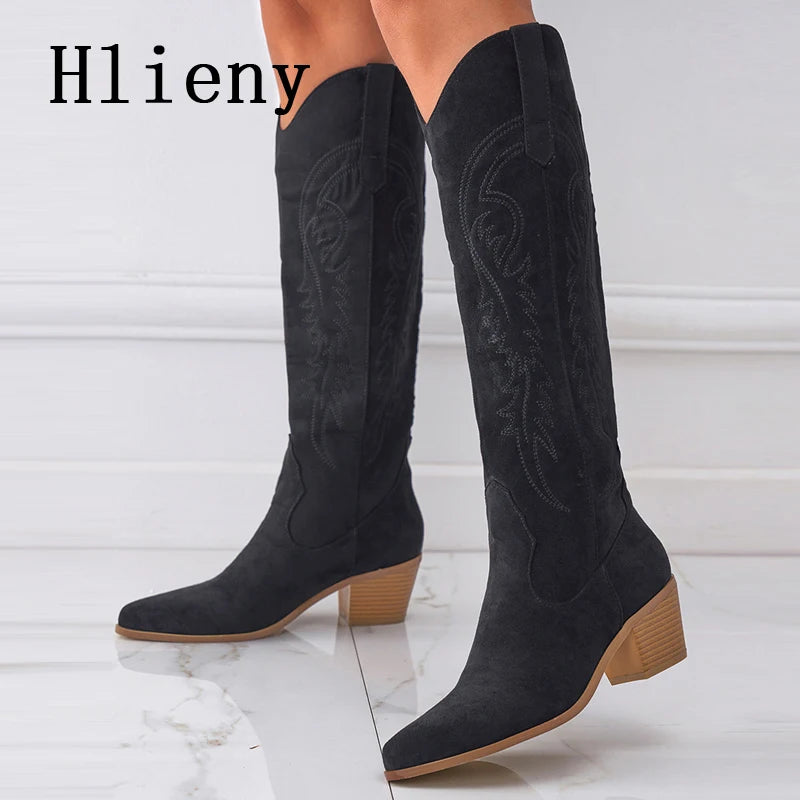 Hlieny 2025 New Retro Spring Winter Knee High Boots Women Comfy Walking Fashion Pointed Toe Female Western Cowboy Boot High Heel