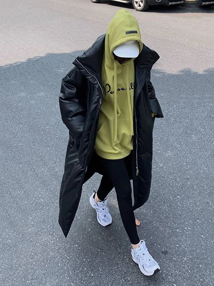 Winter Long Pu Leather Down Jacket Female Black Thick Warm Cotton Parka Outwears Women White Duck Down Knee Length Down Jackets