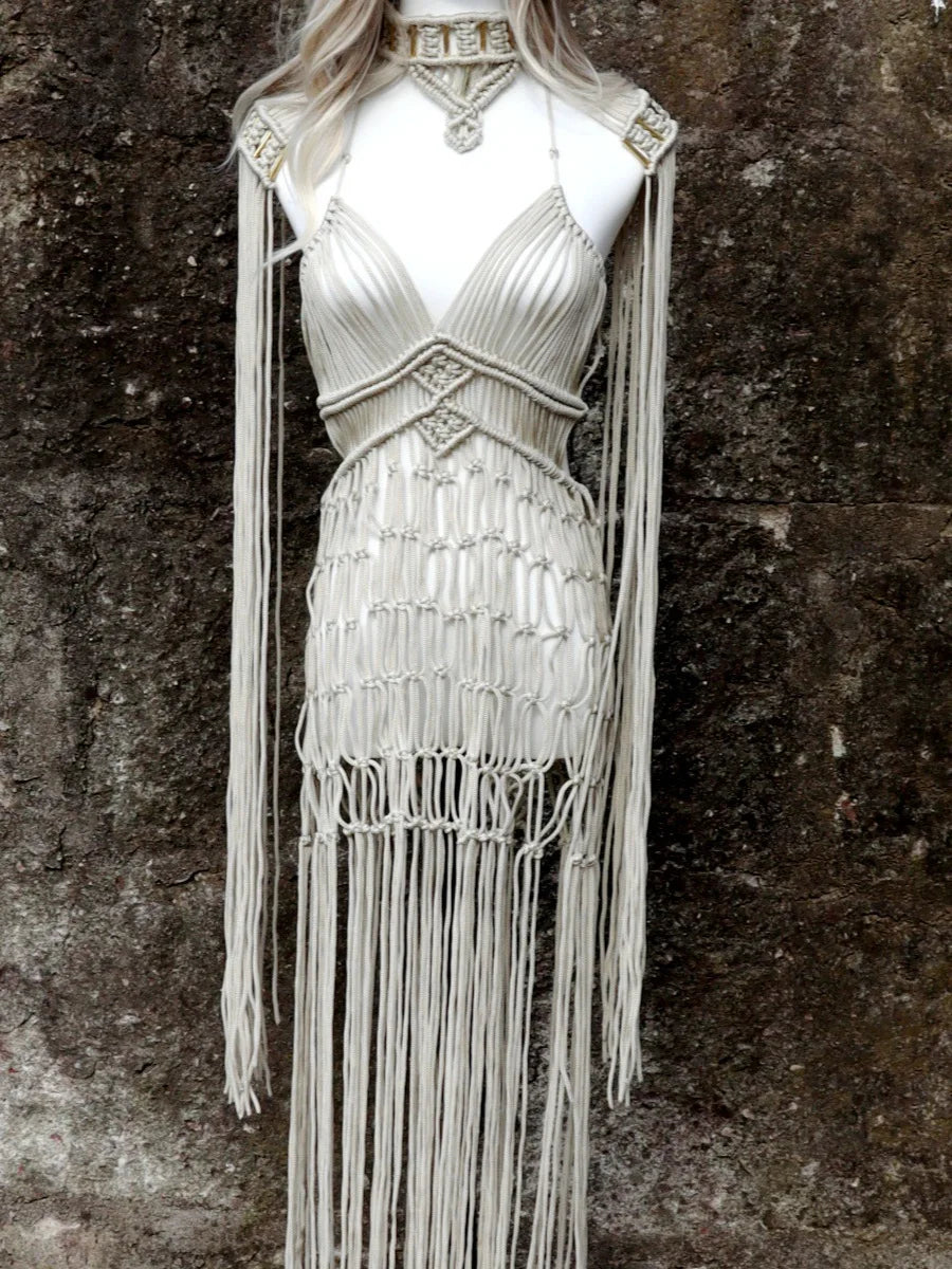 Handmade Crochet Knitted Women Cover Ups Tassel Hollow Out 2 Piece Set 2024 Summer Holiday Outfits Elegant Beach Bathing Suit