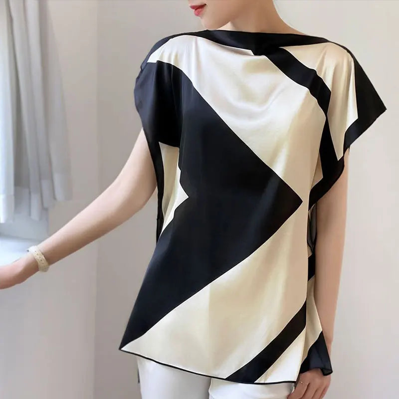 Commute Contrasting Colors Spliced Blouse Female Clothing Elegant Slash Neck Casual Summer Fashion Asymmetrical All-match Shirt