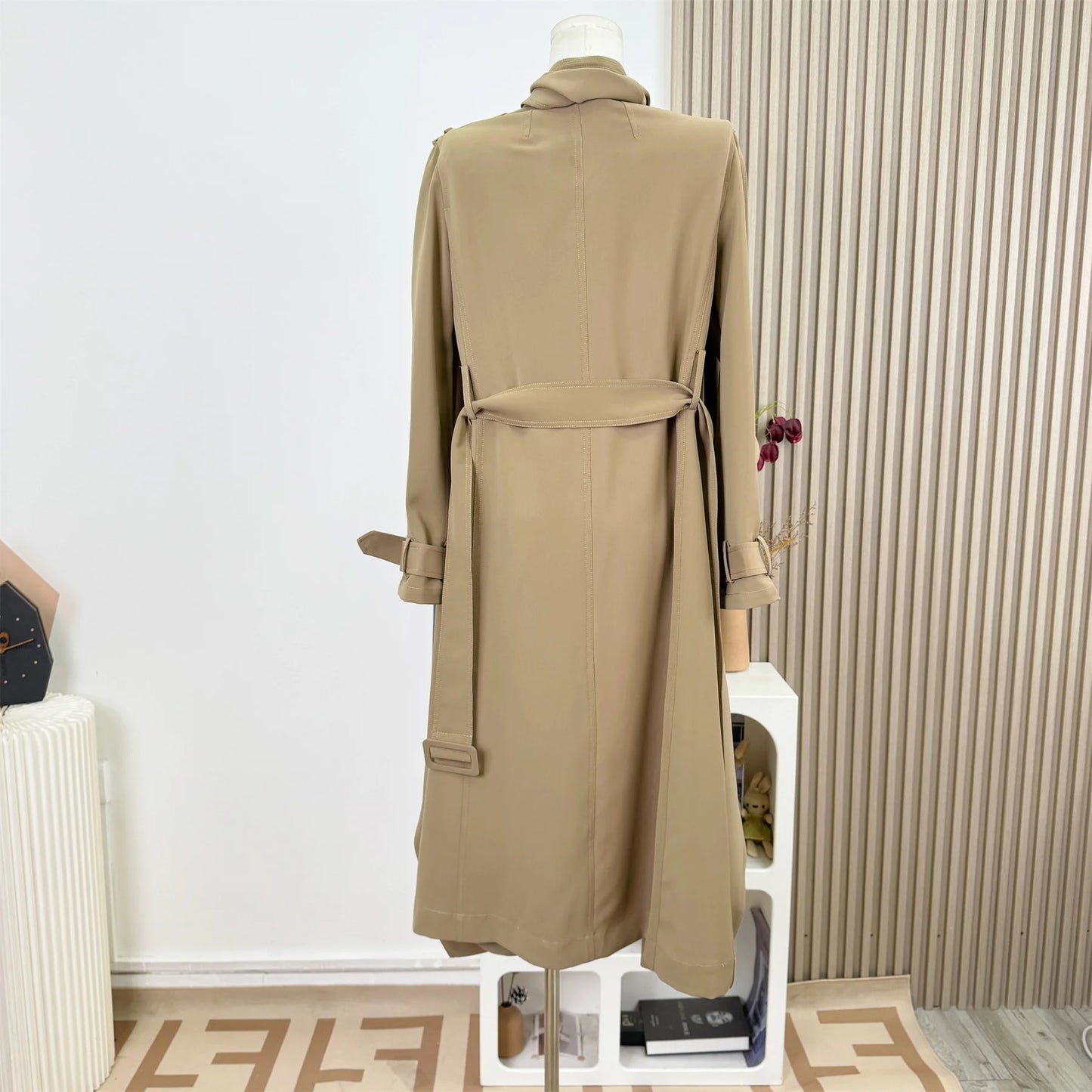 KWTX 2025 Women's Solid Color Trench Coat Belted Double Breasted Longline Lapel Pockets Chic Autumn Winter Fashion Outerwear