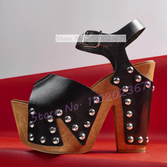 Wooden Platform Rivets-trim Sandals Women Fashion Black Cross Strap Chunky Shoes Female Chic Ankle Strap High Heels Studs Shoes