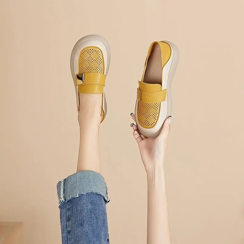 Summer Hollow Slip-on Ladies Footwear Cheap Liquidation Wholesale Casual Popular 39 Round Toe Leather Women's Flat Loafers Shoes