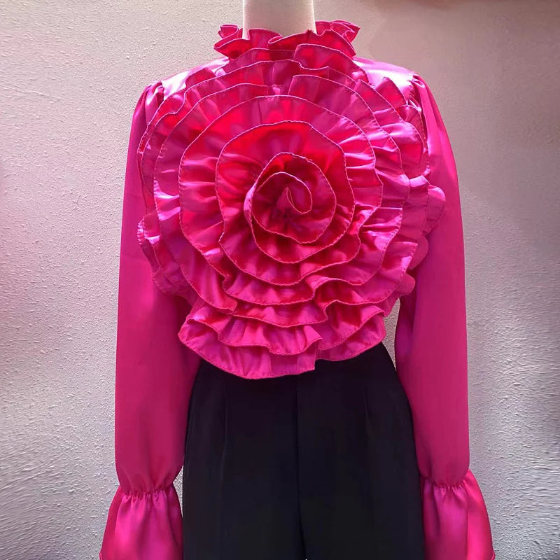 Light Luxury Socialite Style High-Grade Three-Dimensional Flower Solid Color Shirt 2024 Spring New Fashion All-Match Silk Blouse