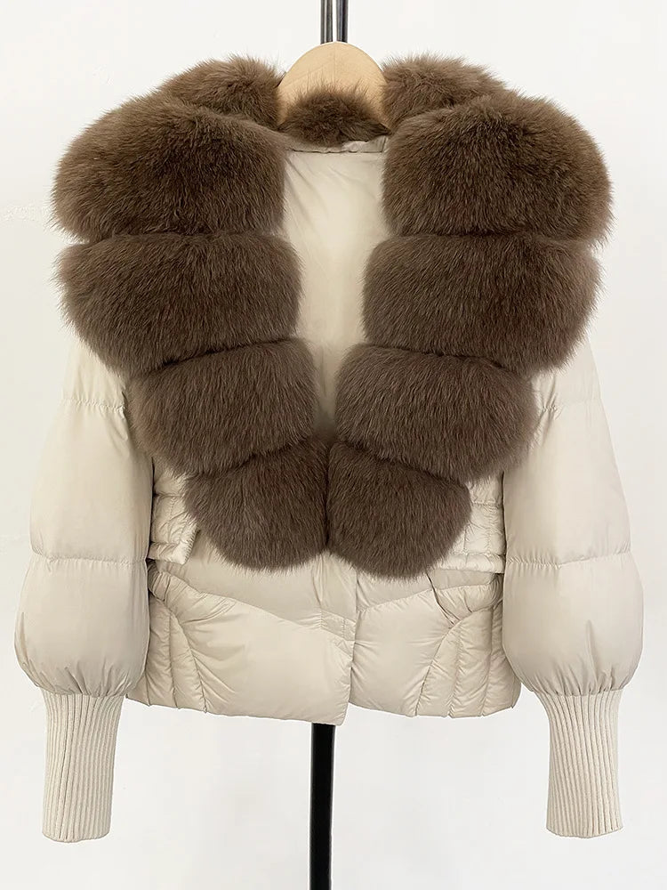 ZMEENNA Women's Black Puffer Down Jacket With Large Real Fur Collar Short Warm Winter Coat Knit Cuffs Elegant Outerwear ZM3377