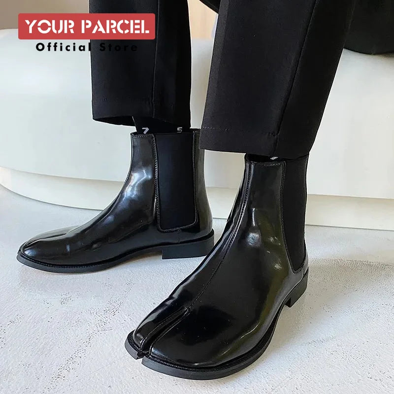Men's split toe leather boots square toe leather shoes  English style short boots  women's Chelsea boots horseshoe shape