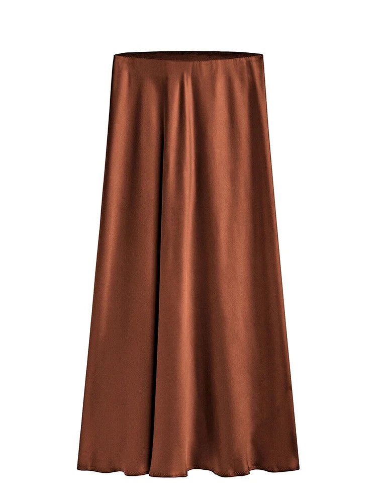 MiuKoMiYa Black Women Long Skirts High Waist Slit Satin Maxi Skirt 2025 Summer Elastic Waist Beige Skirt For Women Long Silk