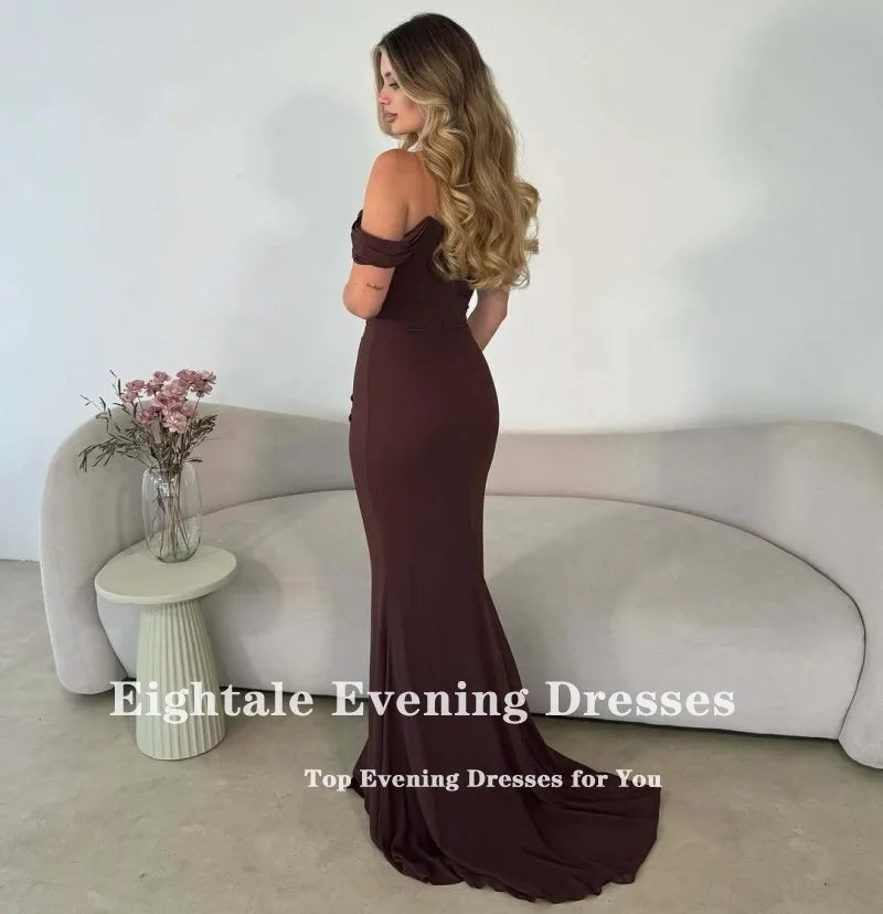 Eightale Brown Evening Dress for Wedding Party Chiffon Off the Shoulder Arabic Pleats Mermaid Prom Gowns Celebrity Dress