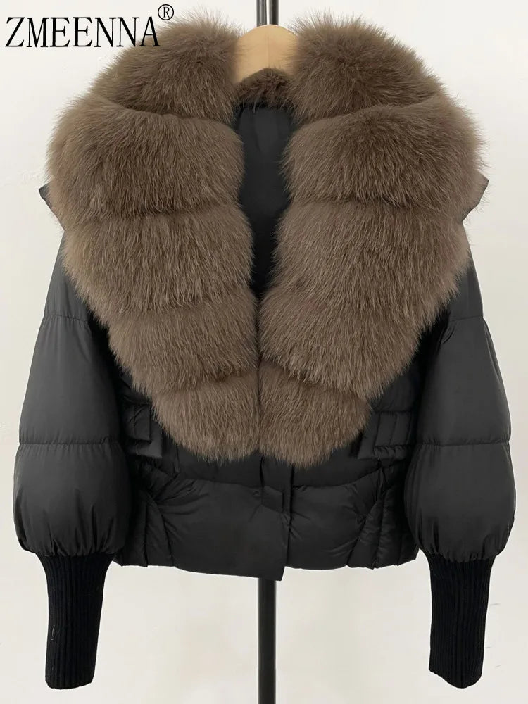 ZMEENNA Women's Black Puffer Down Jacket With Large Real Fur Collar Short Warm Winter Coat Knit Cuffs Elegant Outerwear ZM3377