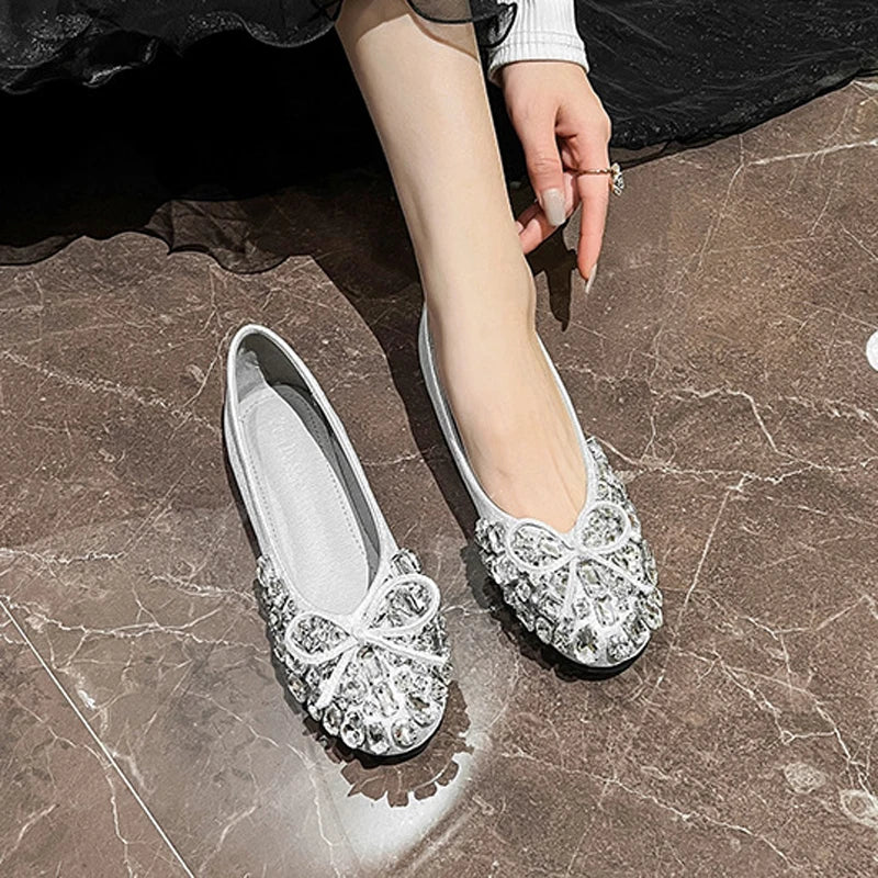 Luxury Designer Woman Rhinestone Flats Ballet Gold/Silver Bowtie Loafers Femmes Shallow Slip On Ballerinas Brides Wedding Shoes