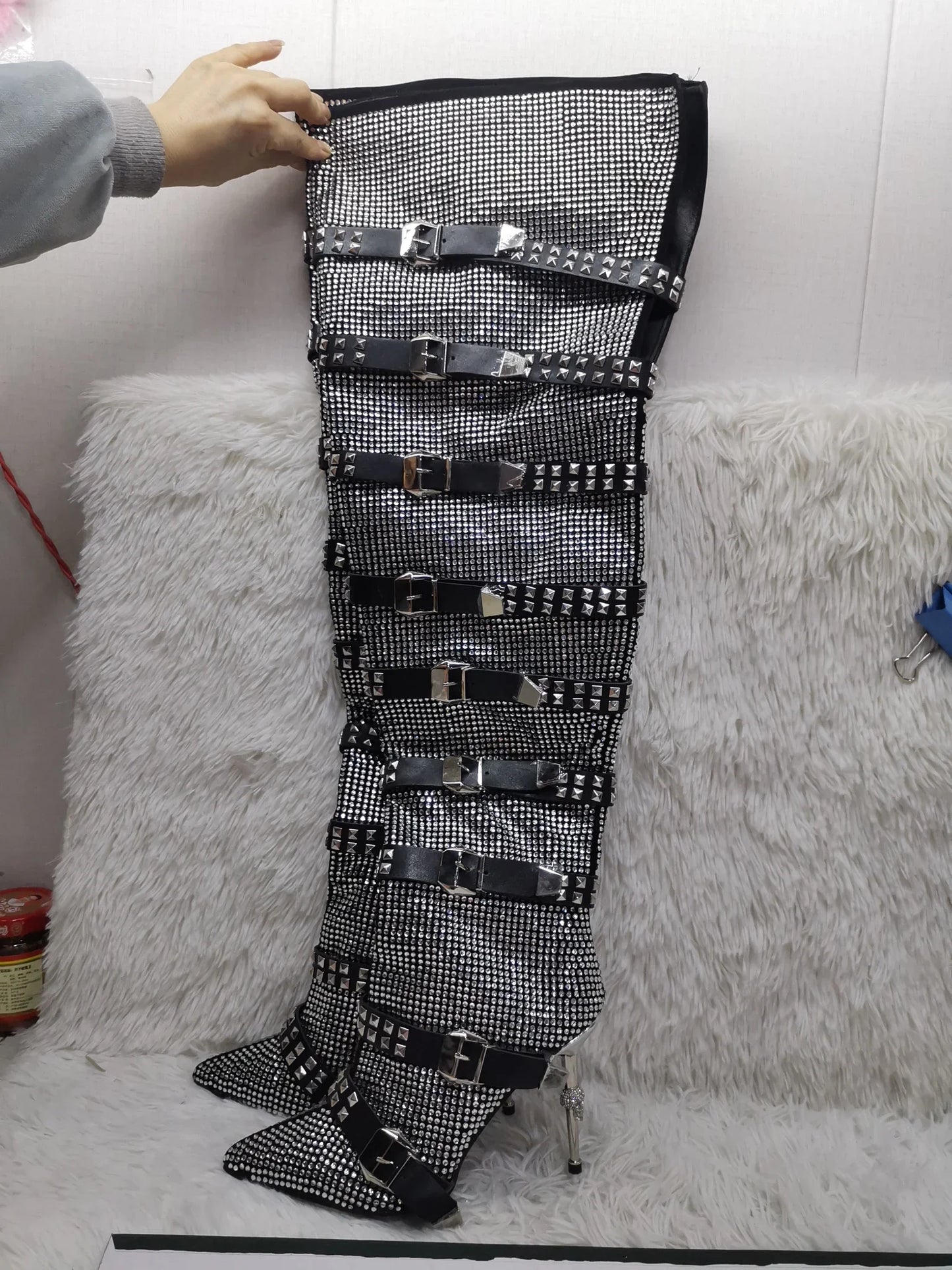 Luxury Crystal Buckles Over The Knee Boots Women Bling Rivets Pointed Toe Iron Heels Long Boots 2024 Fashion Party Catwalk Boots