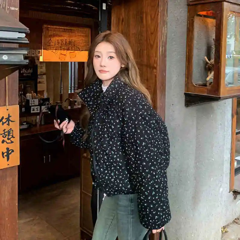 Fashionable Women Floral Cotton Coats Winter Korean Style Stand Collar Full Sleeve Tops Cute Warm Female Short Jackets