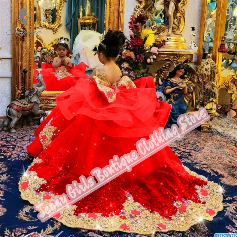 Rose Pink Girl Party Long Dresses Gold Appliqued Wedding 2025 Customized Birthday Pageant Feast Events Dress