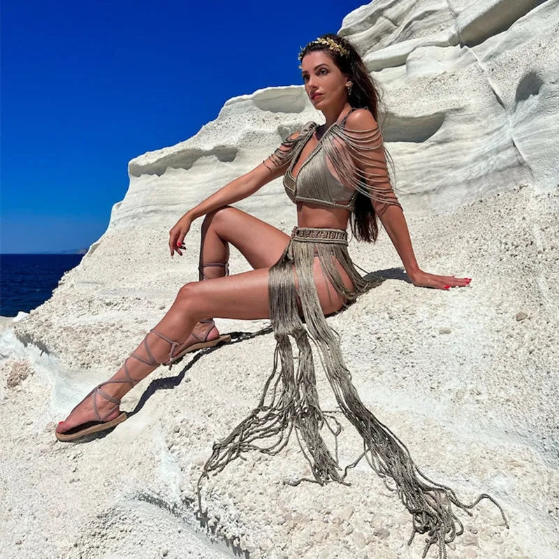 Handmade Knitted Crochet Women Cover Ups Off Shoulder Solid Tassel Crop Top Long Maxi Skirts Set 2024 Summer Beach Bathing Suit