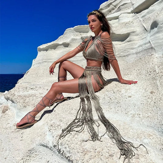 Handmade Knitted Crochet Women Cover Ups Off Shoulder Solid Tassel Crop Top Long Maxi Skirts Set 2024 Summer Beach Bathing Suit