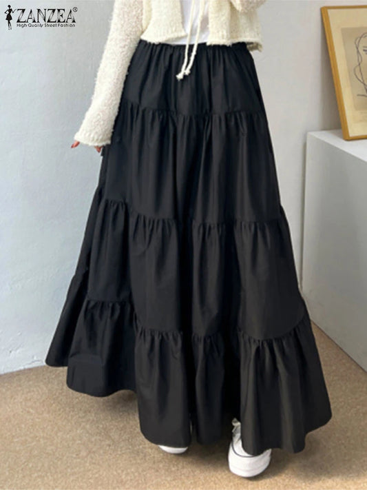 ZANZEA Women Korean Fashion Tiered Maxi Skirt Elastic Waist Casual Solid Color A-line Faldas Mujer Holiday Streetwear Long Jupes