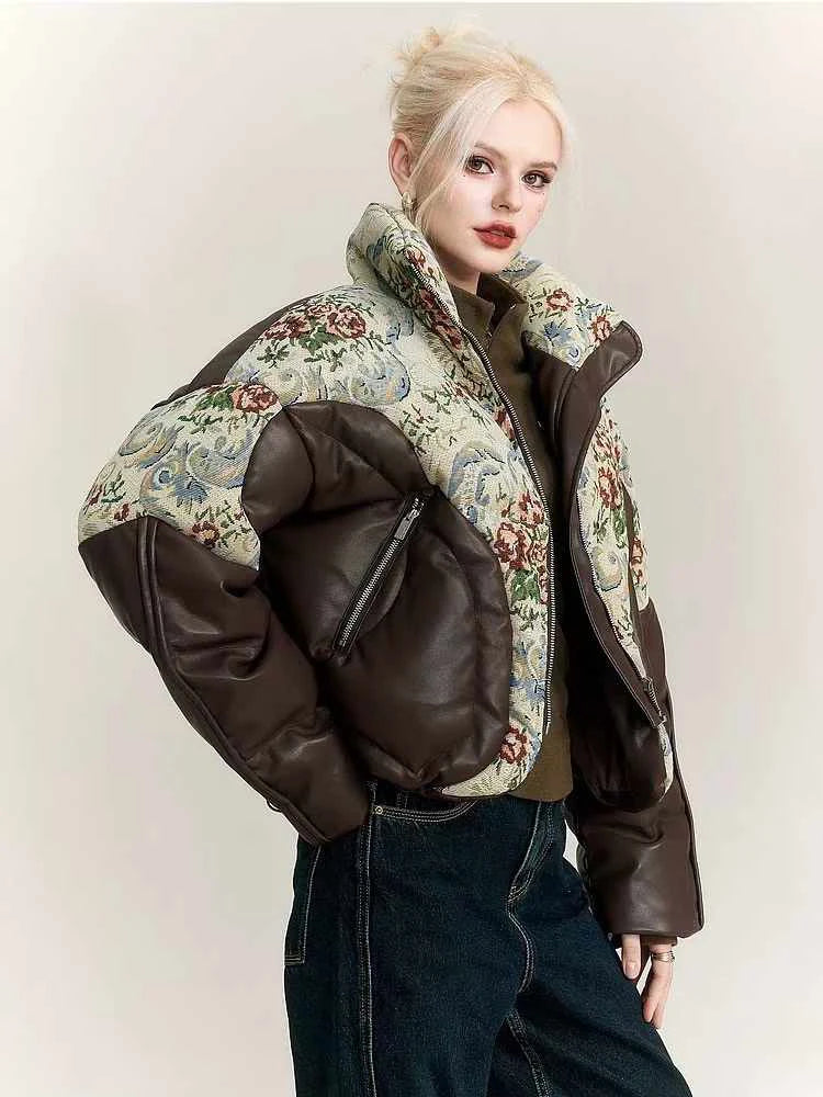 Winter Vintage Jacket Coat Women's Winter Waterproof Embroidered Jacquard Jacket Down Thick Warm Outerwear PU Leather Parka