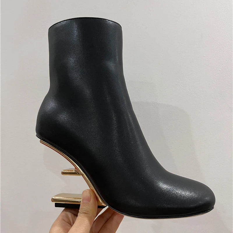 2025 New White Women Letter Strange High Heel Boots Black Wedge Shoes Autumn Winter Leather Short Botas Femininas Ladies Wedges