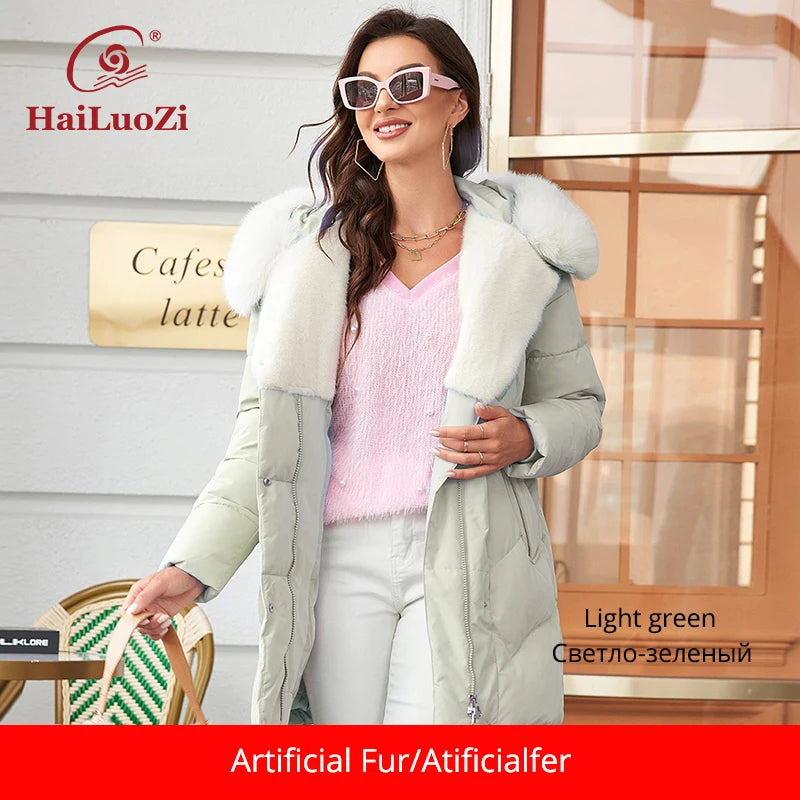 HaiLuoZi 2023 New Winter Down Jacket Warm Hood with Detached Fur Short Female Outwear Elegent Solid Color Thick Coats Women 1158