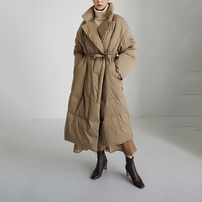 Winter New Stand Collar Long Down Jackets Loose Belt Long Sleeve Warm Coat Fashion Solid Cotton Padded Warm Down Overcoat Women