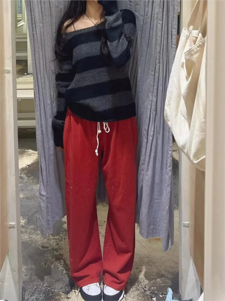 Red Drawstring Elastic Waist Oversized Retro Trouser Woman Casual Wide Leg Pant Loose Y2K Harajuku Sweatpants Cototn Blend