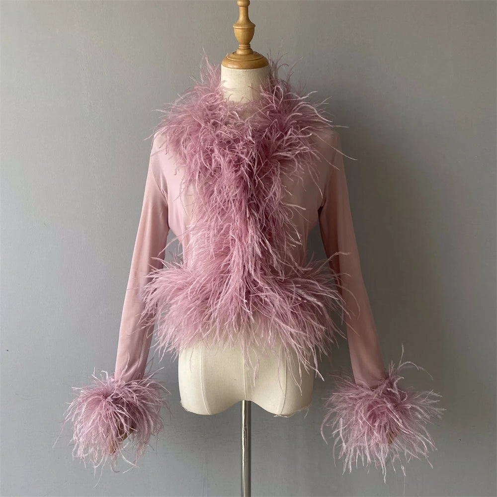 Jxwatcher Women's Sexy Mesh Feather Tops Spring Summer Ladies Vintage Celebrity Real Ostrich Feather Coat Fashion Party Wear New