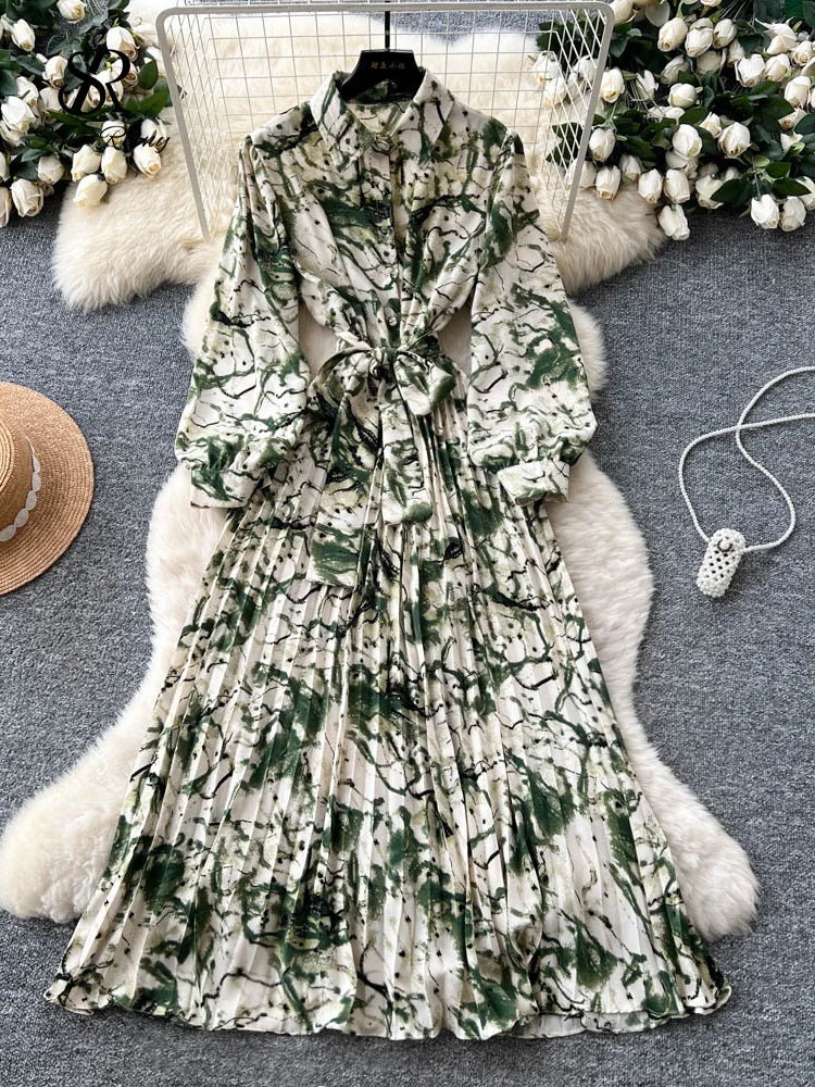 SINGREINY France Vintage Print Long Dress 2025 Autumn Sashes Pleated Maxi Dresses Female Elegant High Quality Large Swing Dress