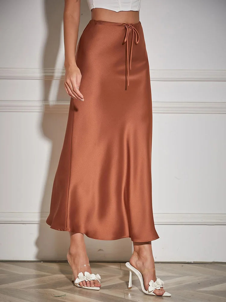 High Waist Long Satin Skirts For Women Spring 2025 Black High Quality Women's Drawstring Gray Satin Long Skirt Mermaid Beige
