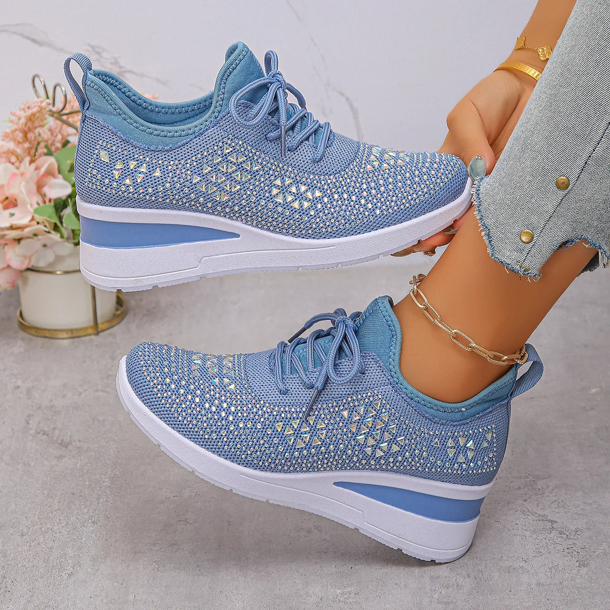 Women's Sneakers Shiny Rhinestone Wedge  Breathable Knit Non Slip Walking Shoes Woman Plus Size Fashion Thick Sole White Sneaker