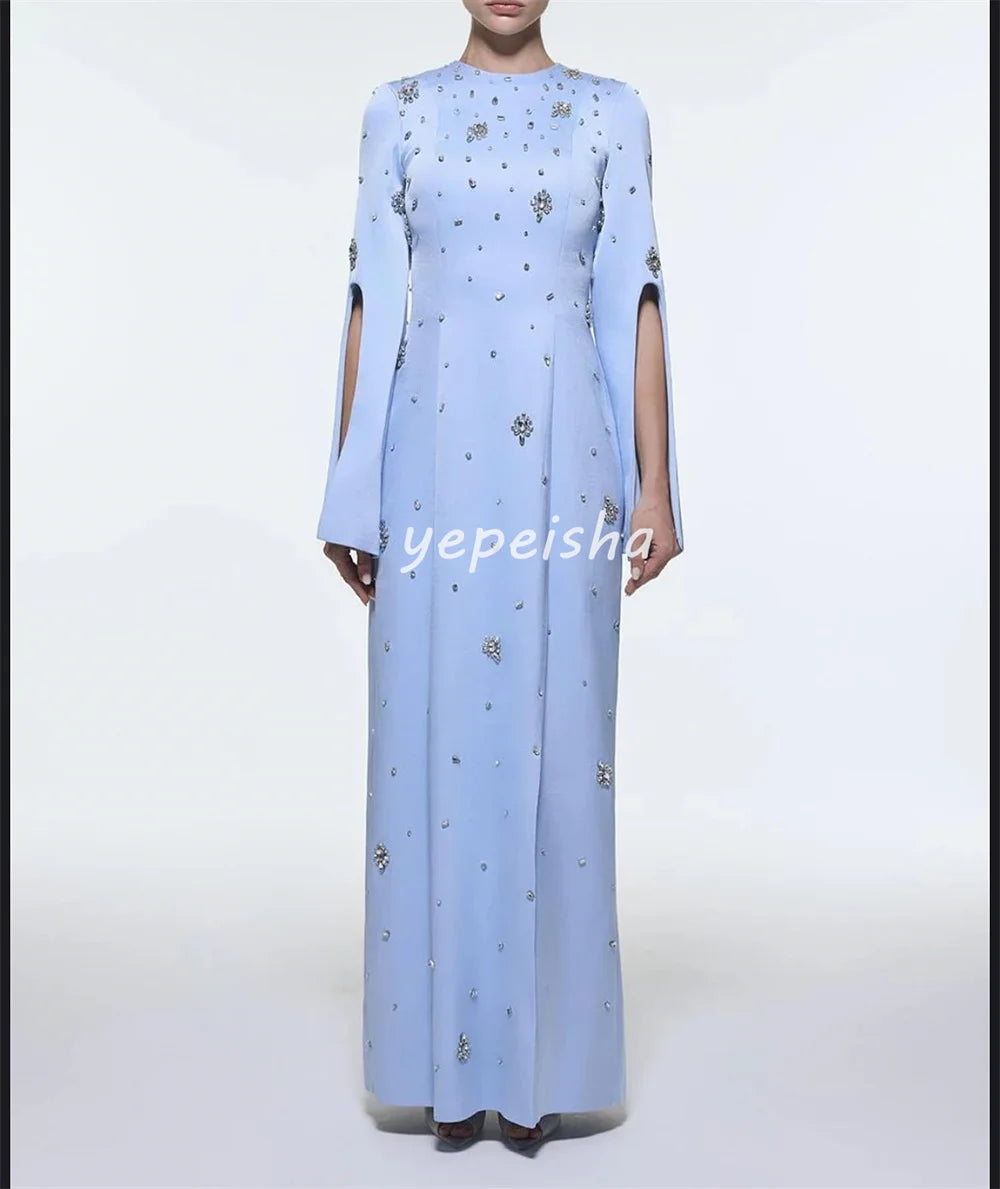 Customized Modern Style Retro Charmeuse Sequined Rhinestone Draped Straight O-Neck Long Dresses Bespoke Occasion Dresses Fashion