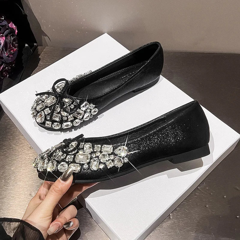 Luxury Designer Woman Rhinestone Flats Ballet Gold/Silver Bowtie Loafers Femmes Shallow Slip On Ballerinas Brides Wedding Shoes