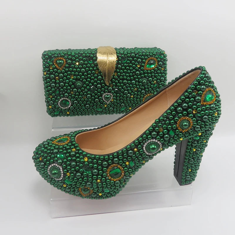 Fashion New arrival Green Pearl Bridal shoes and Bag Set woman party dress shoes Big size ankle Strap Buckle Shoes High Pumps