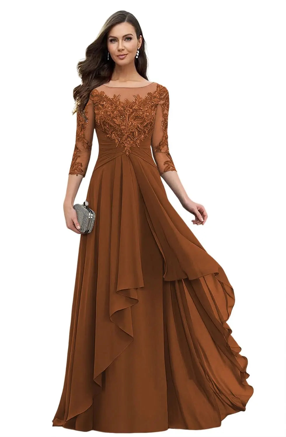Women's Elegant Lace Mother of The Bride Dresses Scoop Neck Chiffon Ruffles Formal Evening Gowns A-Line Wedding Guest Gowns