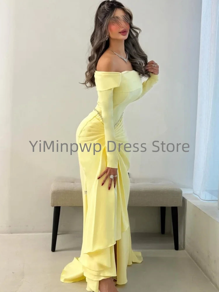 Yellow Evening Dresses Off  the Shoulder Long Sleeve Gown Mermaid Sweep Train Beading Luxury Dresses Customized robes de soirée