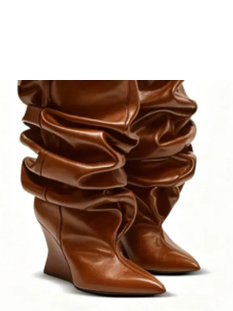 European and American Autumn and Winter Pleated Thick High Heels Knee High Women's Boots Pointed Fashion Party Women's Boots