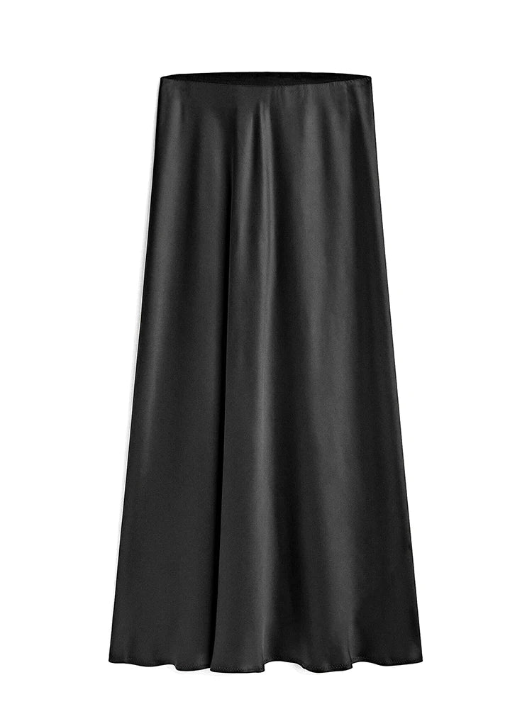 MiuKoMiYa Black Women Long Skirts High Waist Slit Satin Maxi Skirt 2025 Summer Elastic Waist Beige Skirt For Women Long Silk