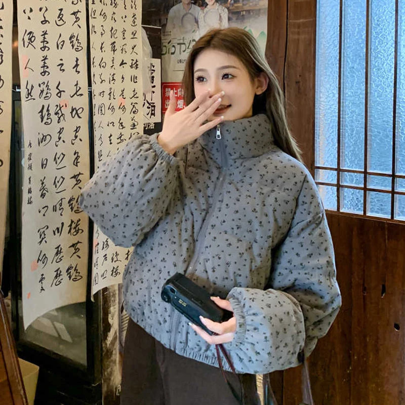 Fashionable Women Floral Cotton Coats Winter Korean Style Stand Collar Full Sleeve Tops Cute Warm Female Short Jackets