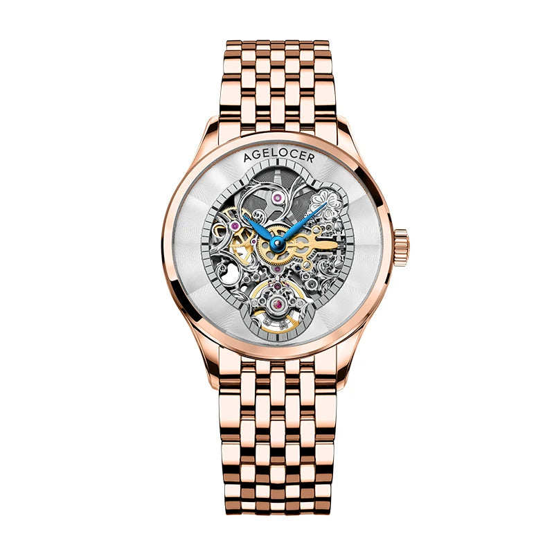 Agelocer Original Infatuated Mirror Watch Women's Luxury Gold Watch Skeleton Automatic Mechanical Watch Birthday Gift for Women