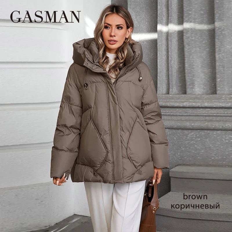 GASMAN 2024 Winter down jacket collection Fashion Solid Stand-up collar Women Coat Elegance Hooded Women's jackets 88613