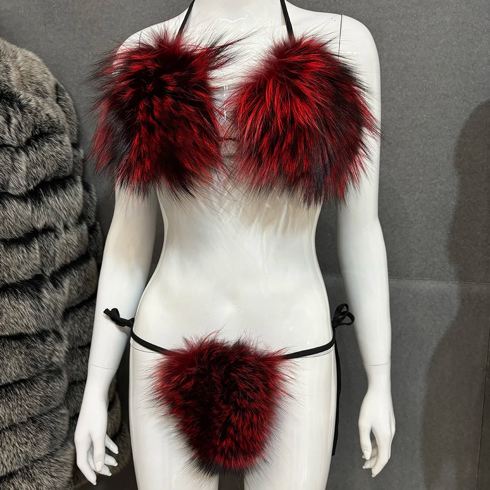 YOLOAgain Women Solid Natural Fox Fur Sexy Bikini Set Bra Detachable