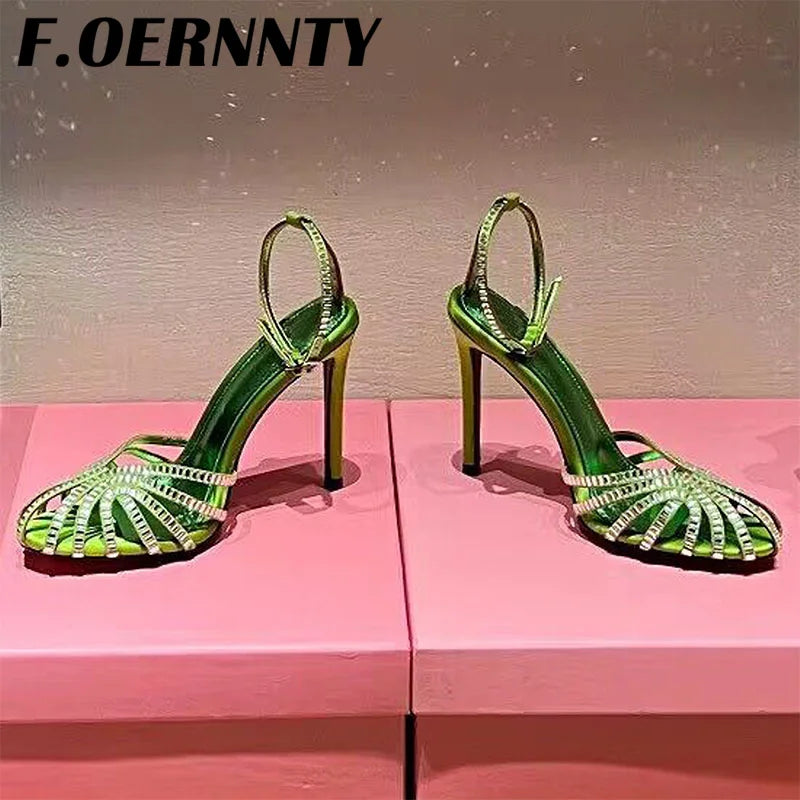 Summer New Rhinestone Closed Toe Runway Sandals Women Weave Hollow Stiletto Sandals Sexy Ankle Strap Crystal Sandals Women