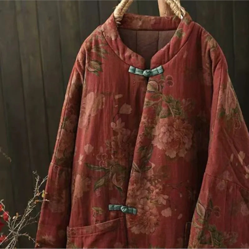 Johnature 2025 Woman Winter New Splicing Vintage Chinese Style Print Long Sleeves Parkas Fashion Loose Single Breasted Parkas