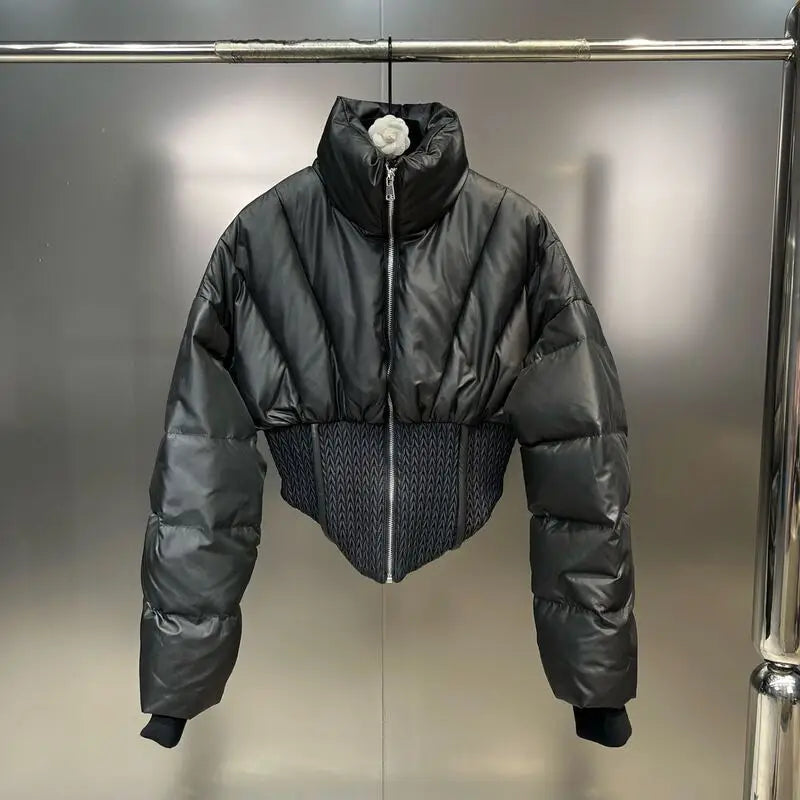 PREPOMP 2023 Winter New Collection Long Sleeve Zipper Stand Collar Slim Waist Short Jacket Women Cotton Coat GM099