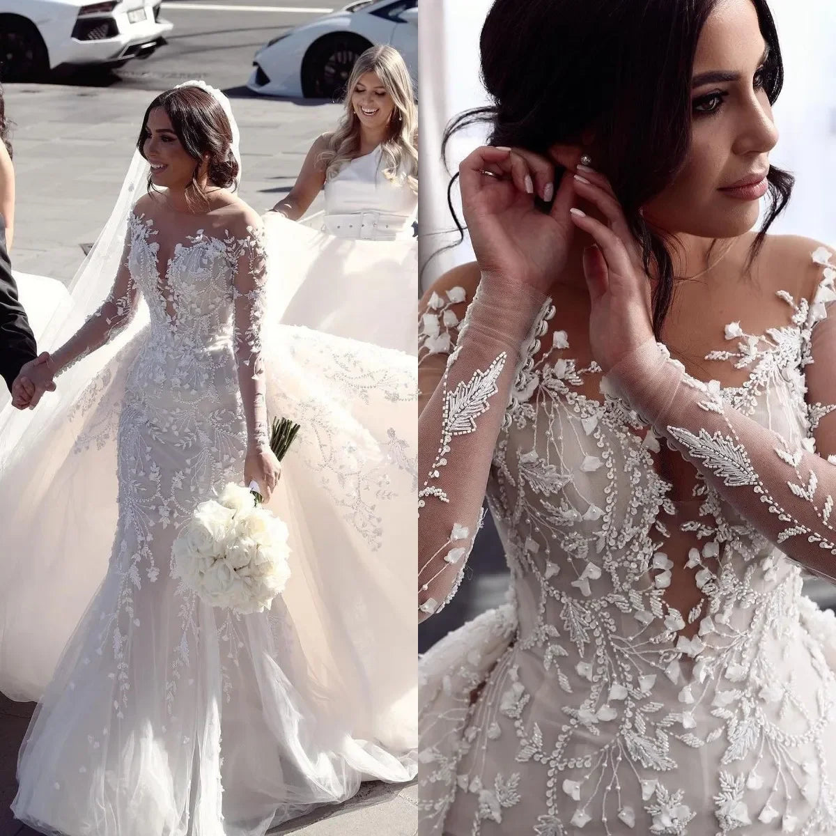 Customized 2026 Elegant Mermaid Chiffon Applique Sequin Princess Wedding Dress Slim Fit Sexy Ball Bridal Gown Vestido De Novia