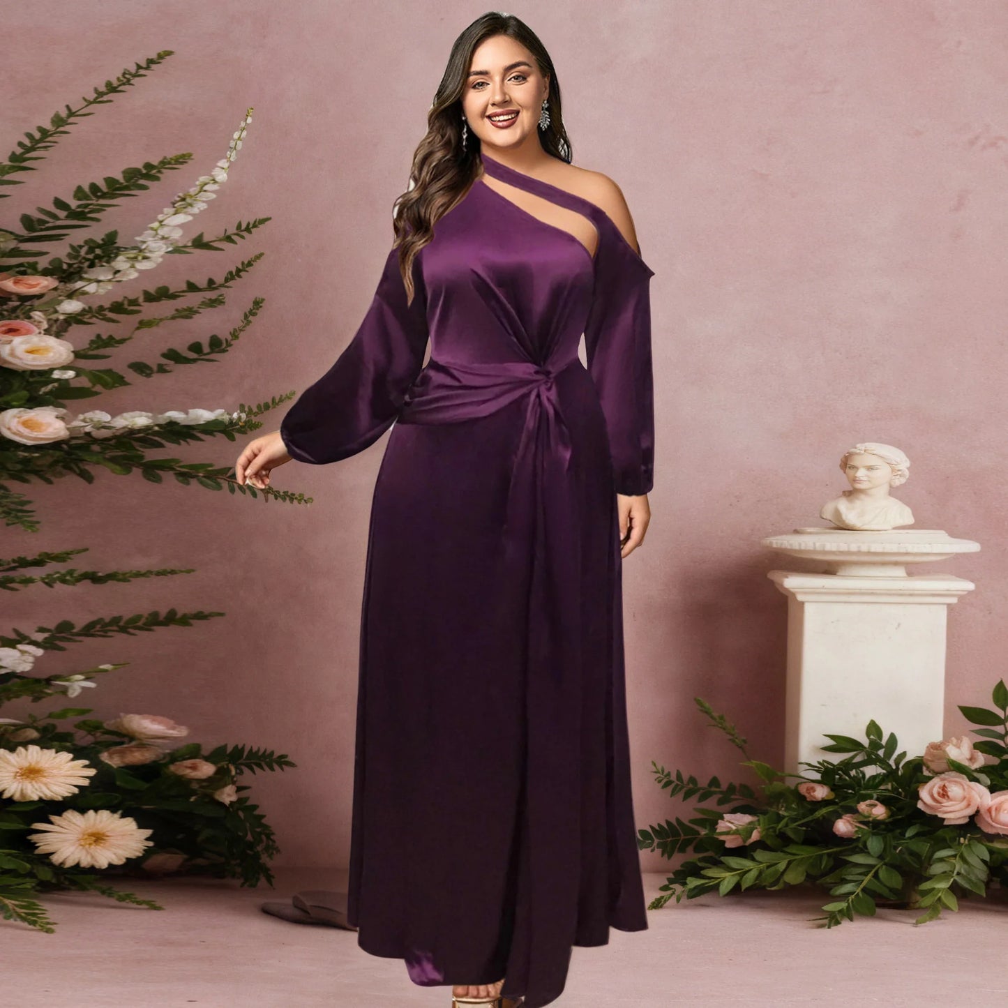 Plus Size Off the Shoulder Evening Long Dress Irregular High Split Satin Elegant Wedding Guest Party Club Purple Maxi Dresses