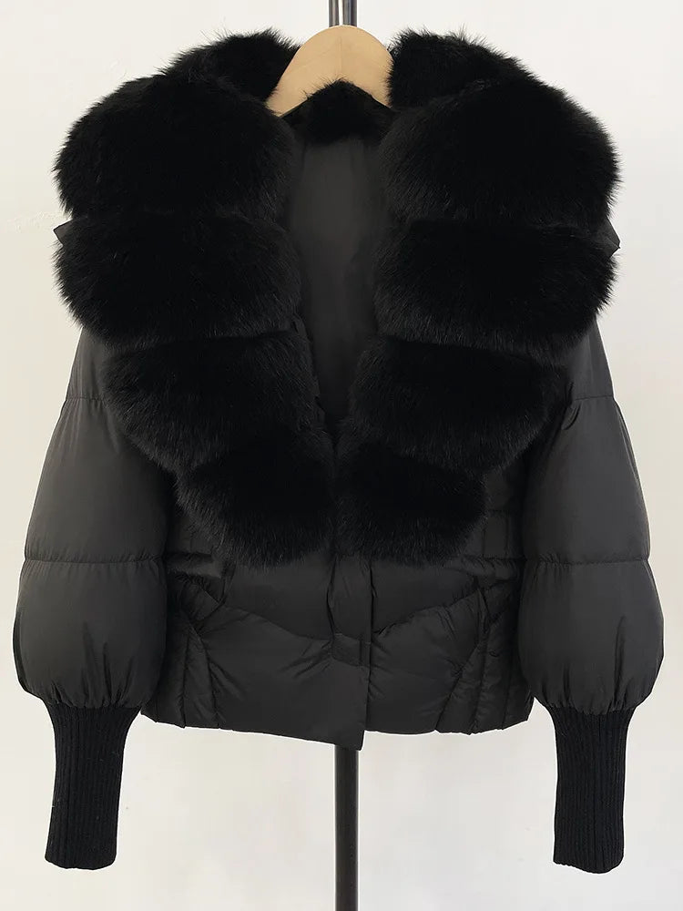 ZMEENNA Women's Black Puffer Down Jacket With Large Real Fur Collar Short Warm Winter Coat Knit Cuffs Elegant Outerwear ZM3377