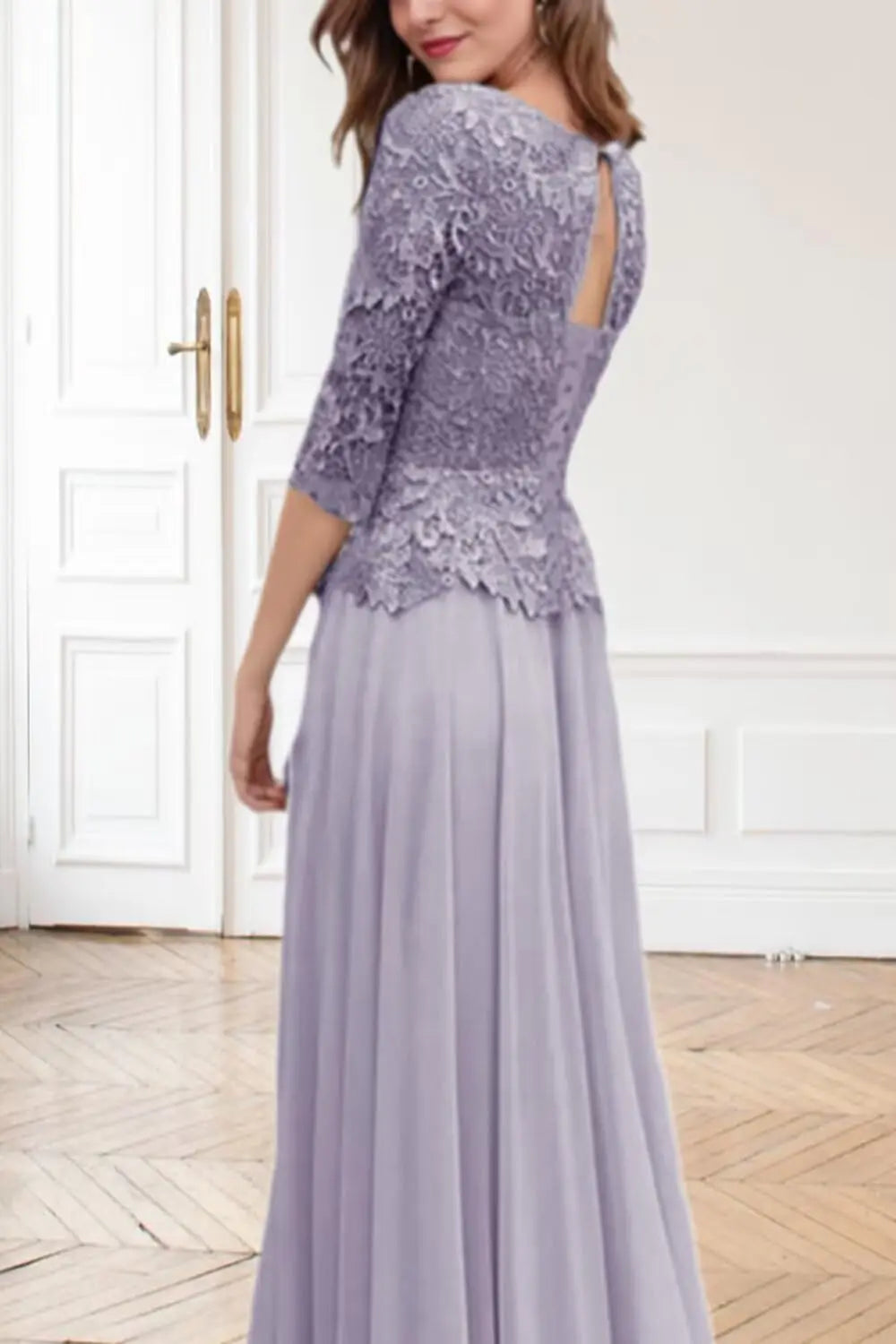 Customized Women's Lace Appliques Mother Of The Bride Dress For Wedding Boat Neck Chiffon Half Sleeves Formal Wedding Guest Gown