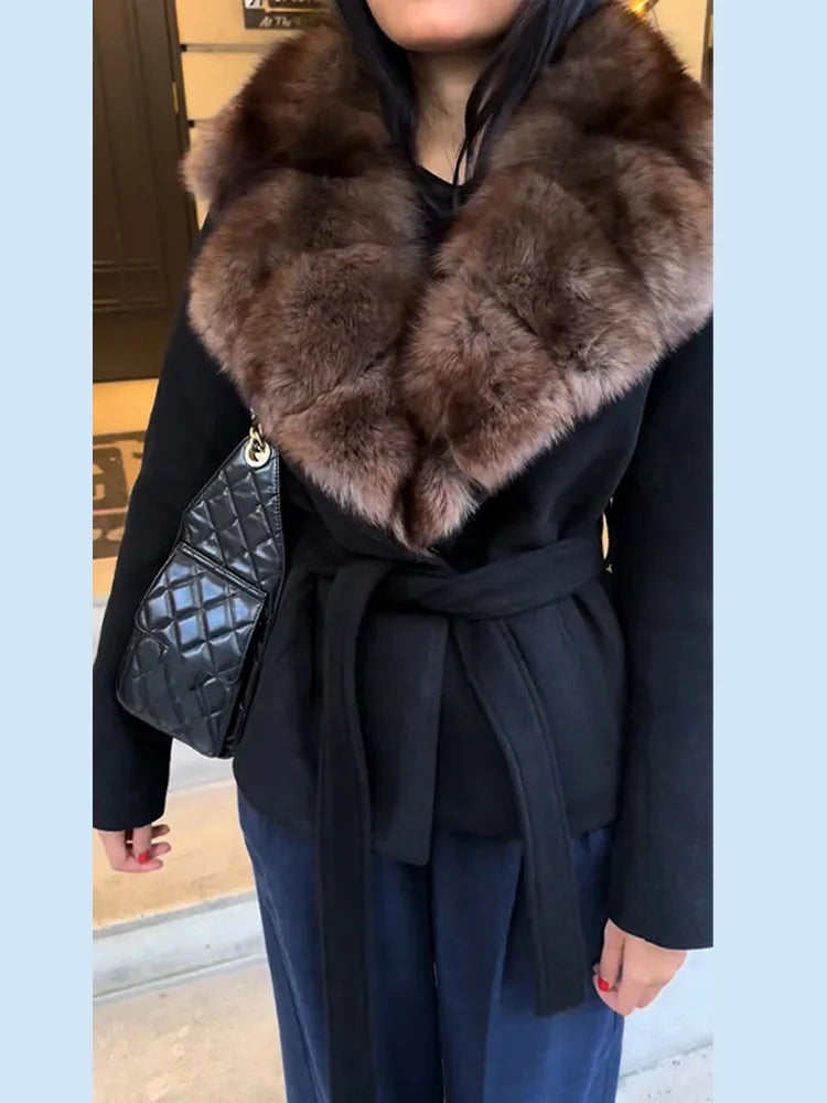 Elegant Women's Faux Fur Coat Jackets Lapel Collar Belted Jacket Warmed Outwear Winter Casual Tops 2025 Fashion Lace-up Ouftit